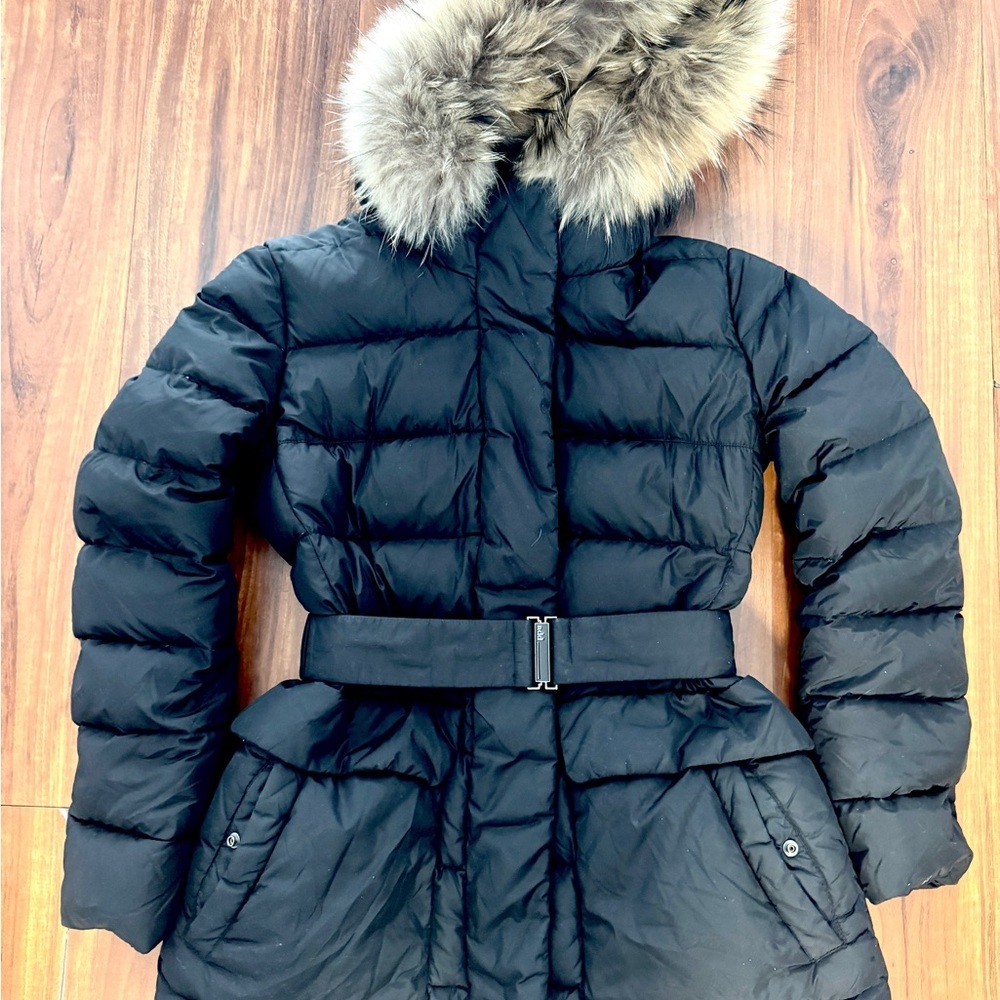 Add Down Black Belted Puffer Jacket with Fur Trim